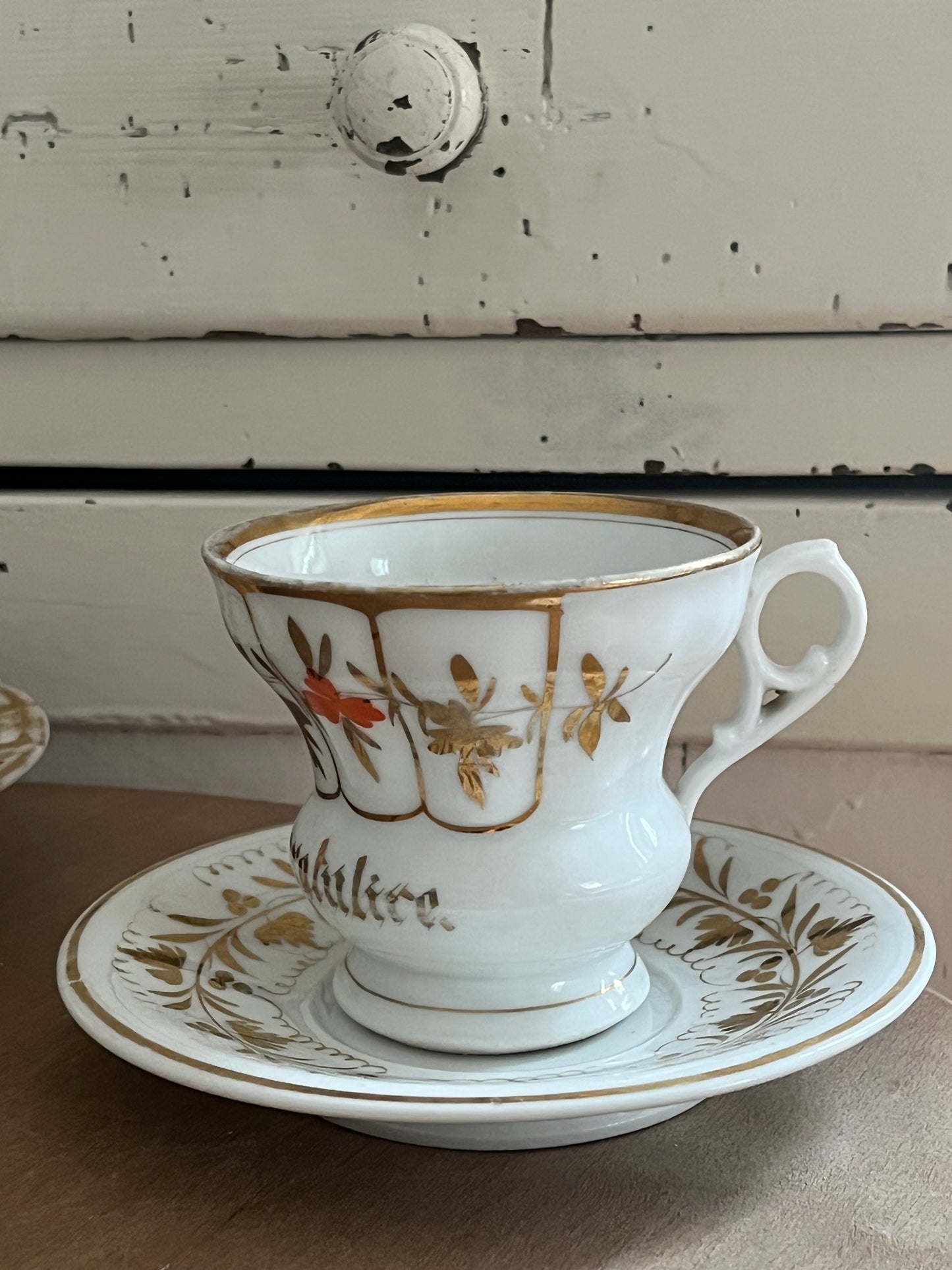Antike Biedermeier Tasse Weiß/Gold/Rot  - „Ich gratuliere“