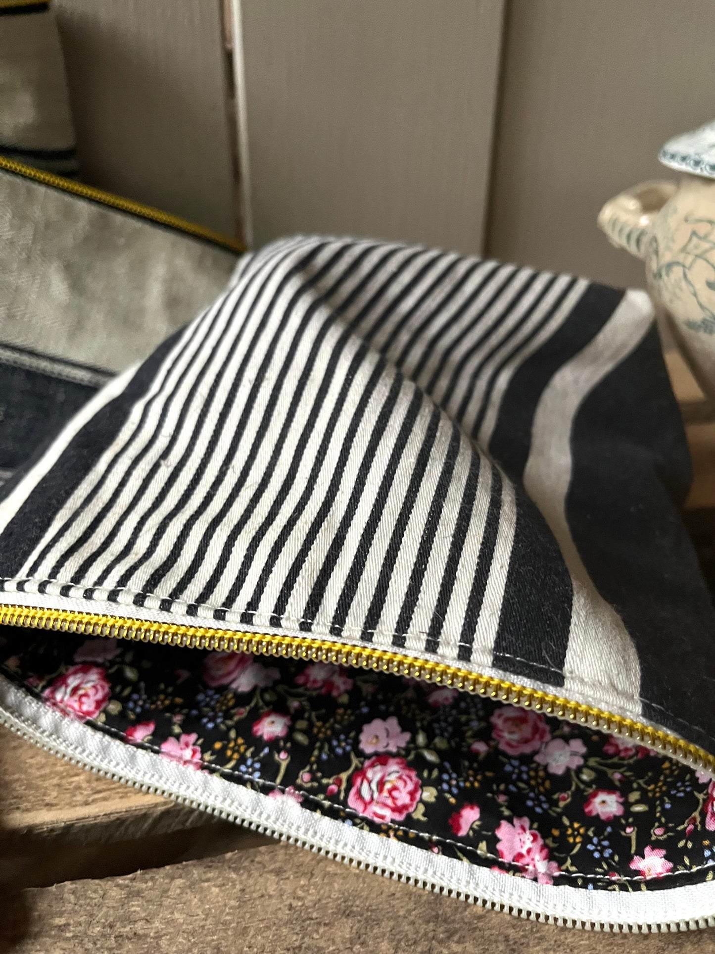 Kosmetiktasche aus französischem Leinen gestreift kleiner Shopper