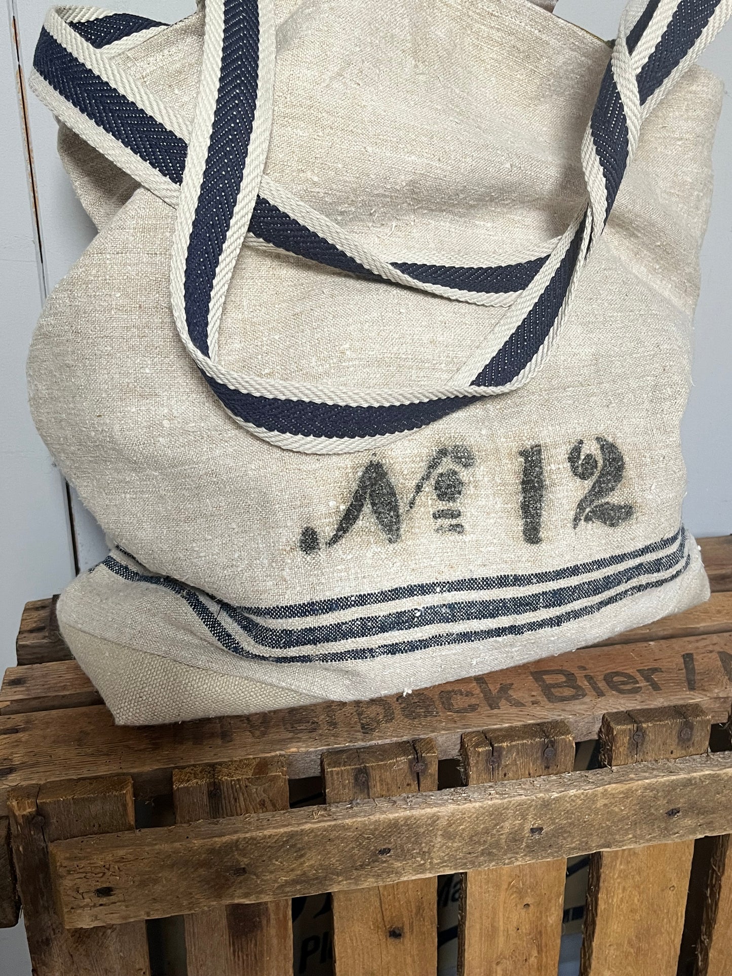 1923: Große Tasche Shopper mit Streifen und beeindruckender original Aufschrift
