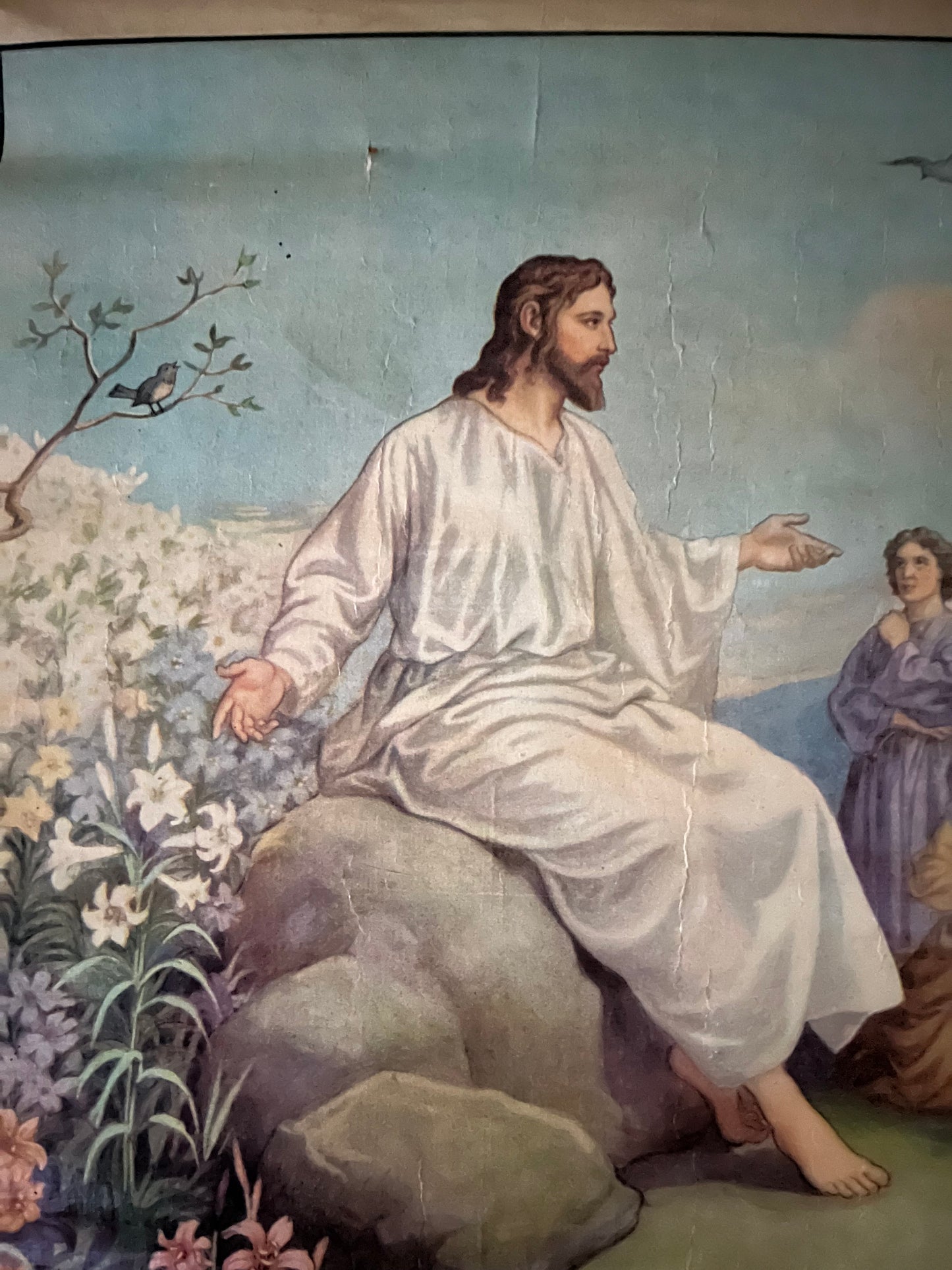 Alte original Schulkarte Lerntafel aus Belgien „Jesus spricht zum Volk“ auf Leinwand