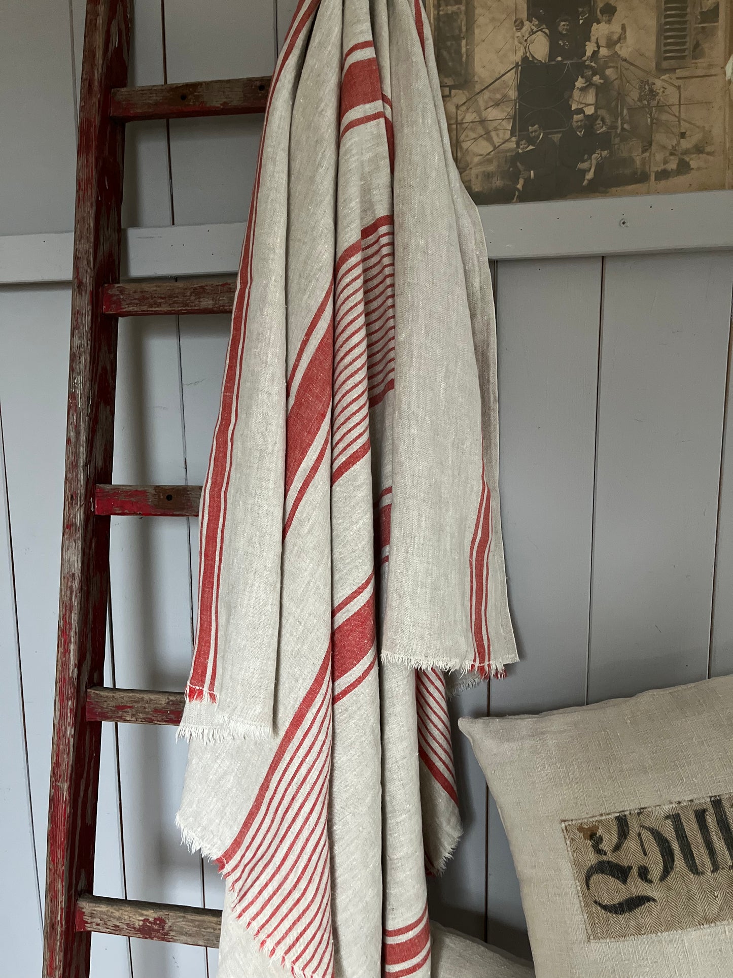 XL Leinen Decke, Überwurf aus schwerem Leinen mit roten Streifen 180 x 155