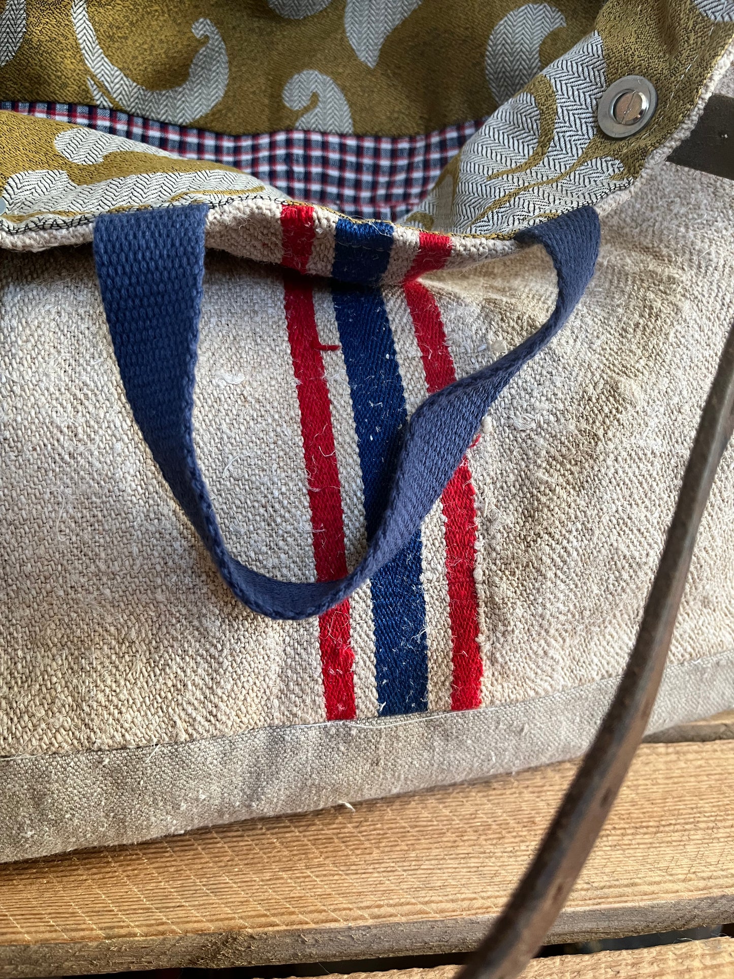 Blau/Rot: große Tasche Shopper aus kräftigem Hanfstoff mit Streifen