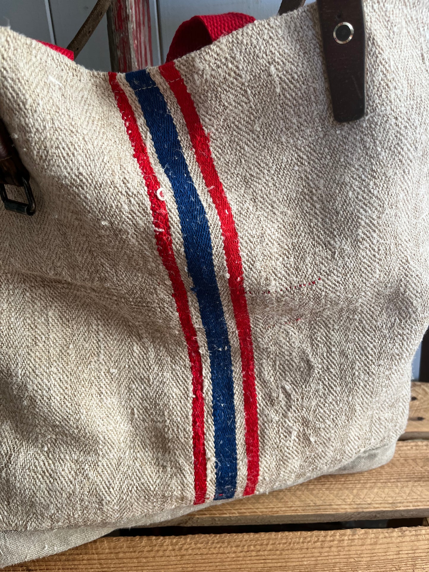 Blau/Rot: große Tasche Shopper aus kräftigem Hanfstoff mit Streifen