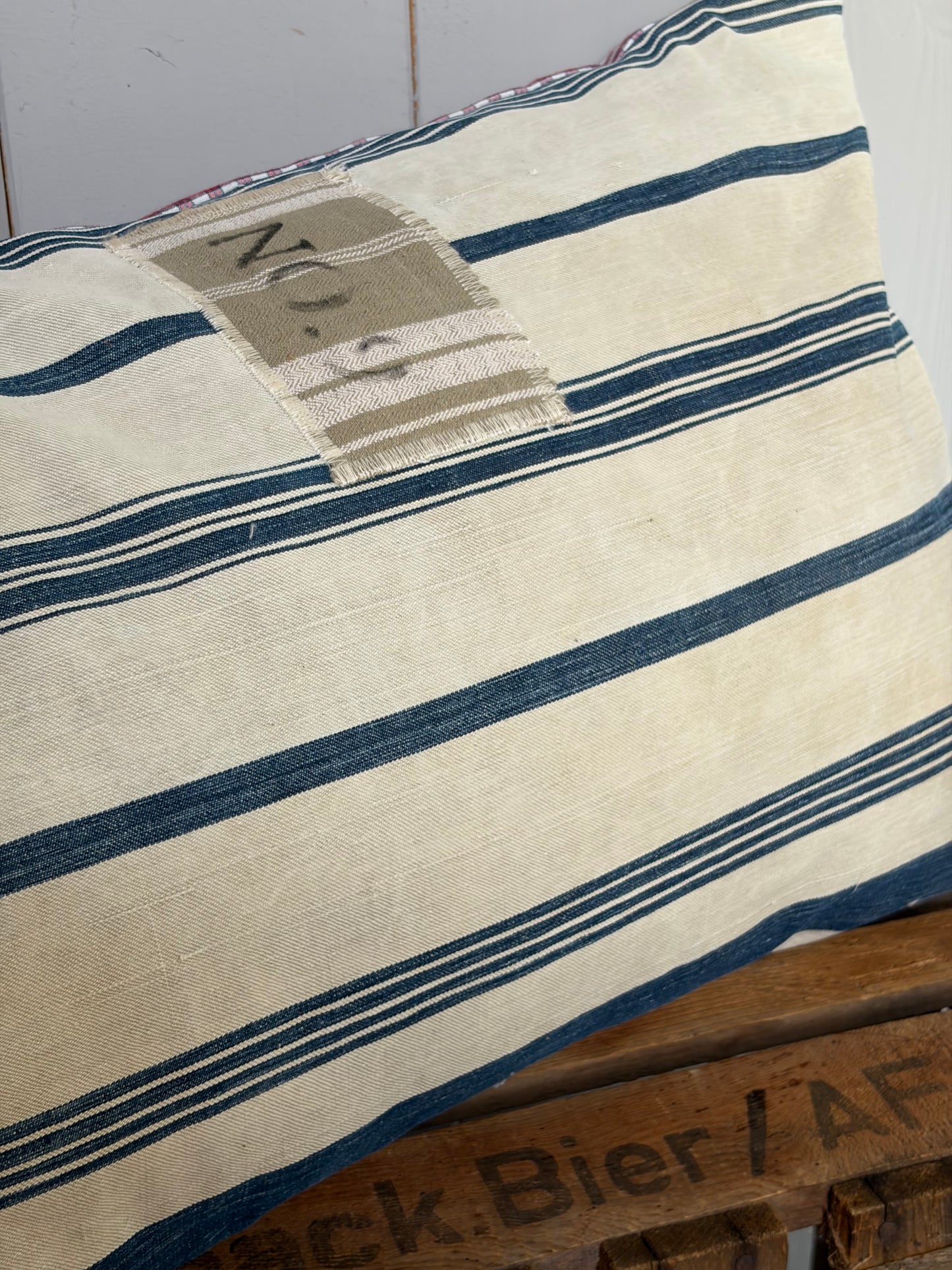 Großer Kissenbezug Leinen blau gestreift mit Hotelverschluss 60 x 40