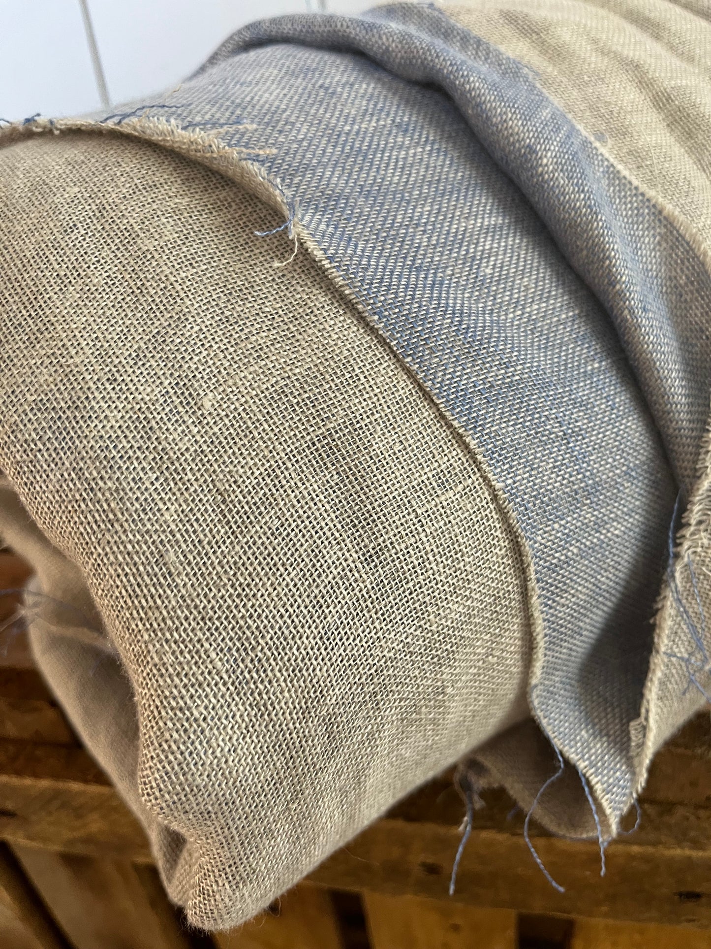 3,6 x 1,5 Meter: Extra breites washed Leinen doppelseitig bleu/Natur
