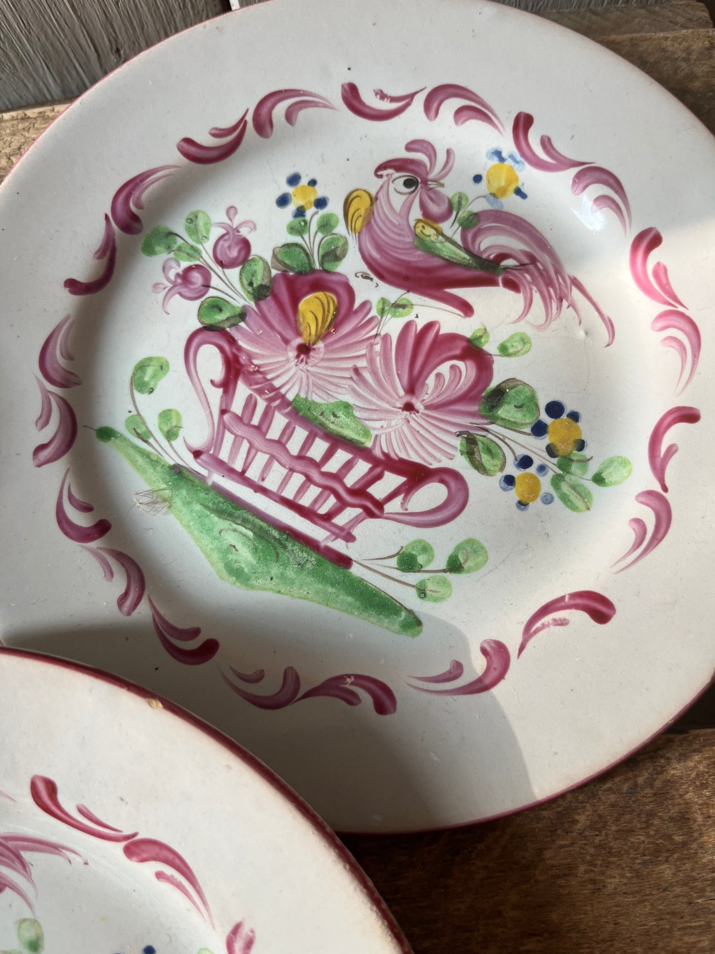 3 antike Fayence Teller Strassbourg mit Hahn und Patina