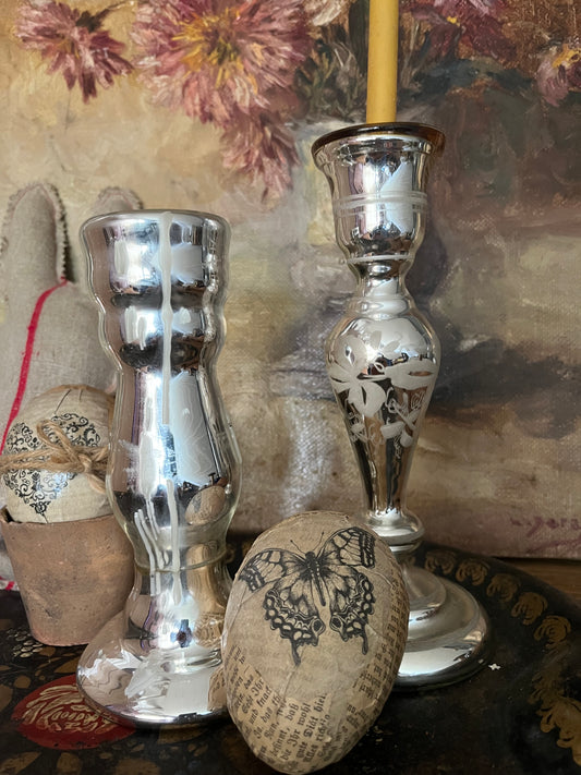 2 Kerzenhalter Bauernsilber Silberglas mit und ohne Emaillemalerei