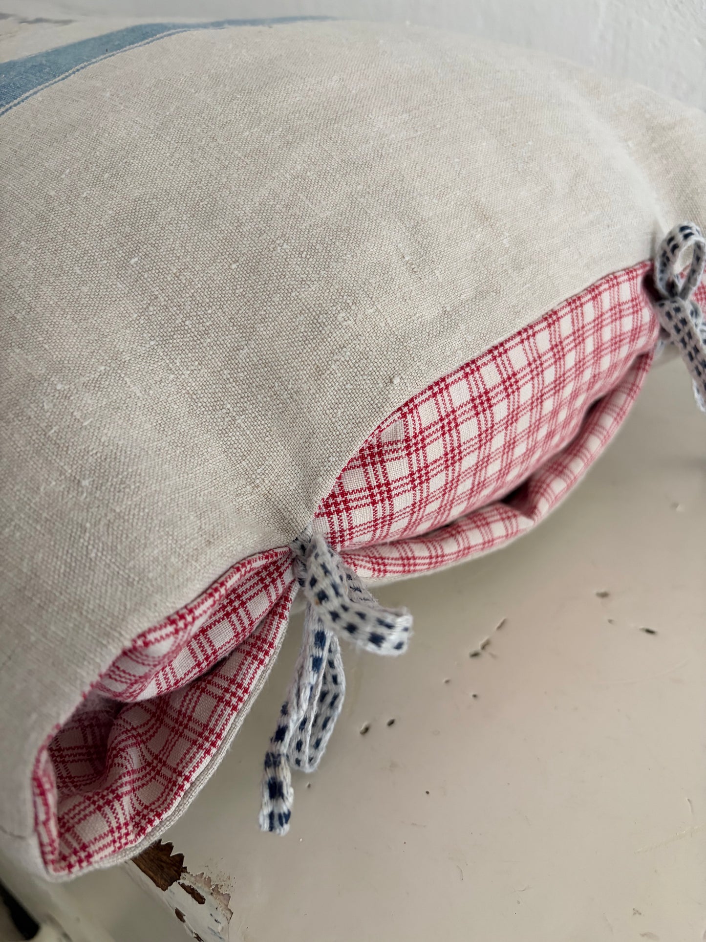 XL Vintage Kissenbezug aus altem Leinensack mit original Aufschrift 70 x 40