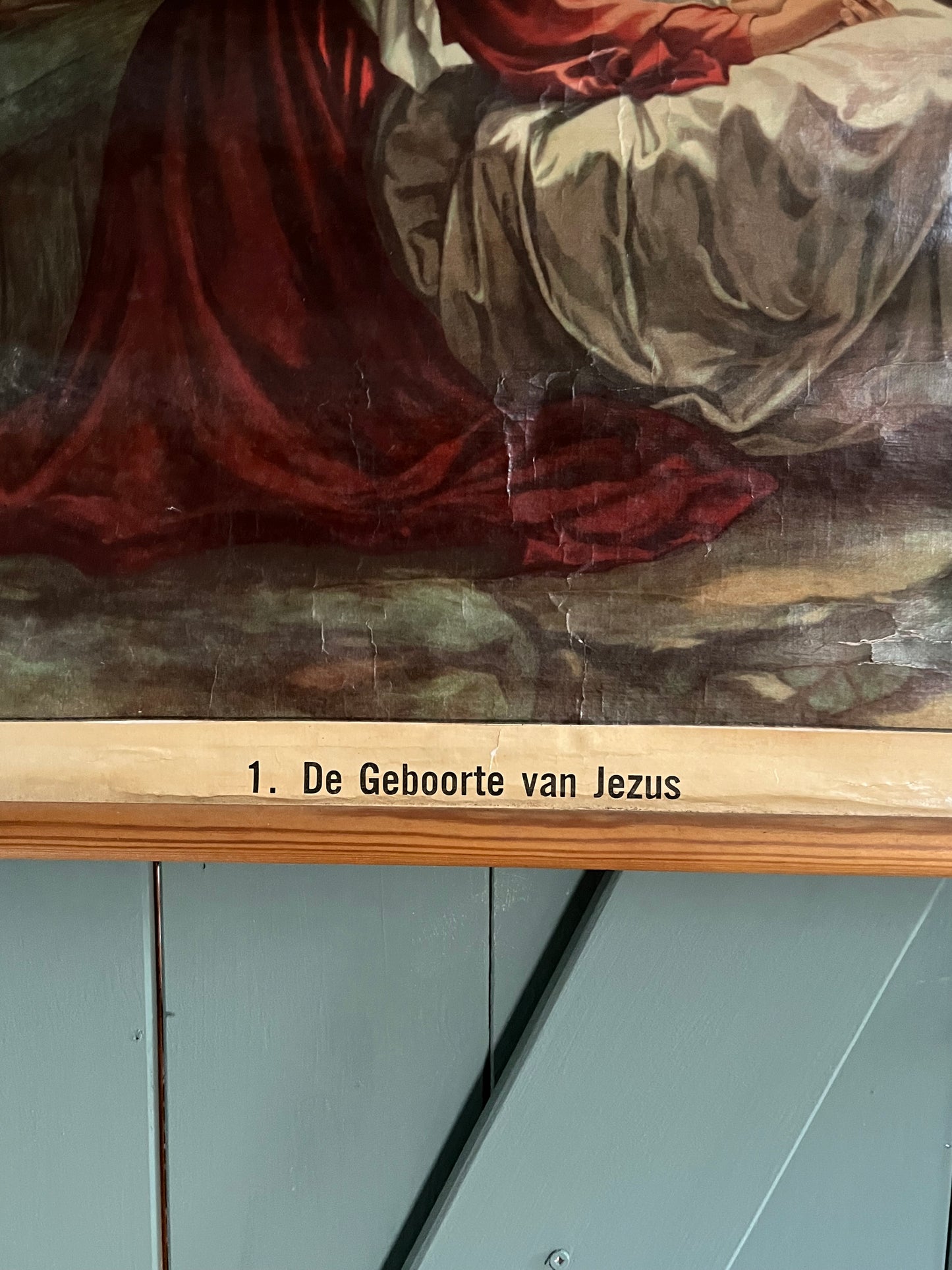 Weihnachten: Alte original Schulkarte Lerntafel aus Belgien „Jesu Geburt“ auf Leinwand