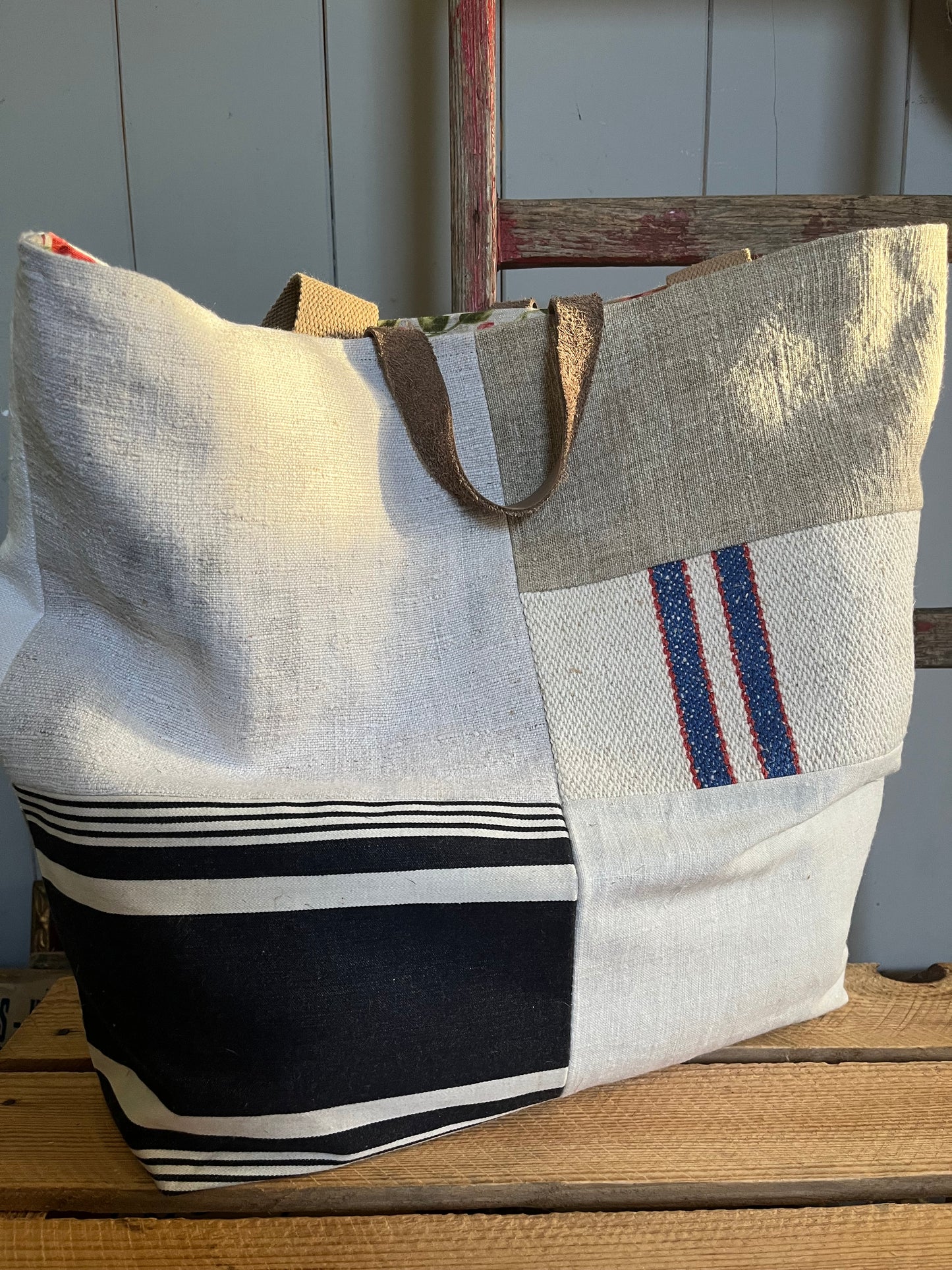 Multi: große Tasche Shopper aus verschiedenen Leinenstoffen
