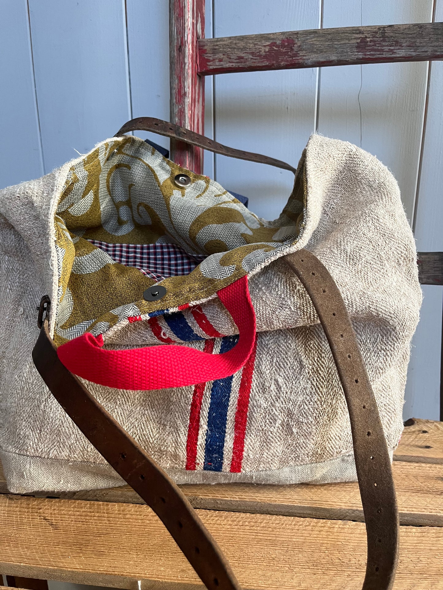 Blau/Rot: große Tasche Shopper aus kräftigem Hanfstoff mit Streifen