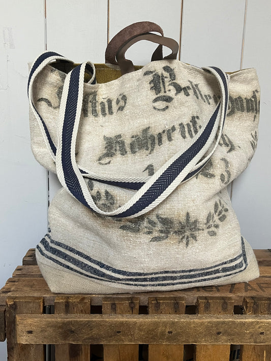 1923: Große Tasche Shopper mit Streifen und beeindruckender original Aufschrift
