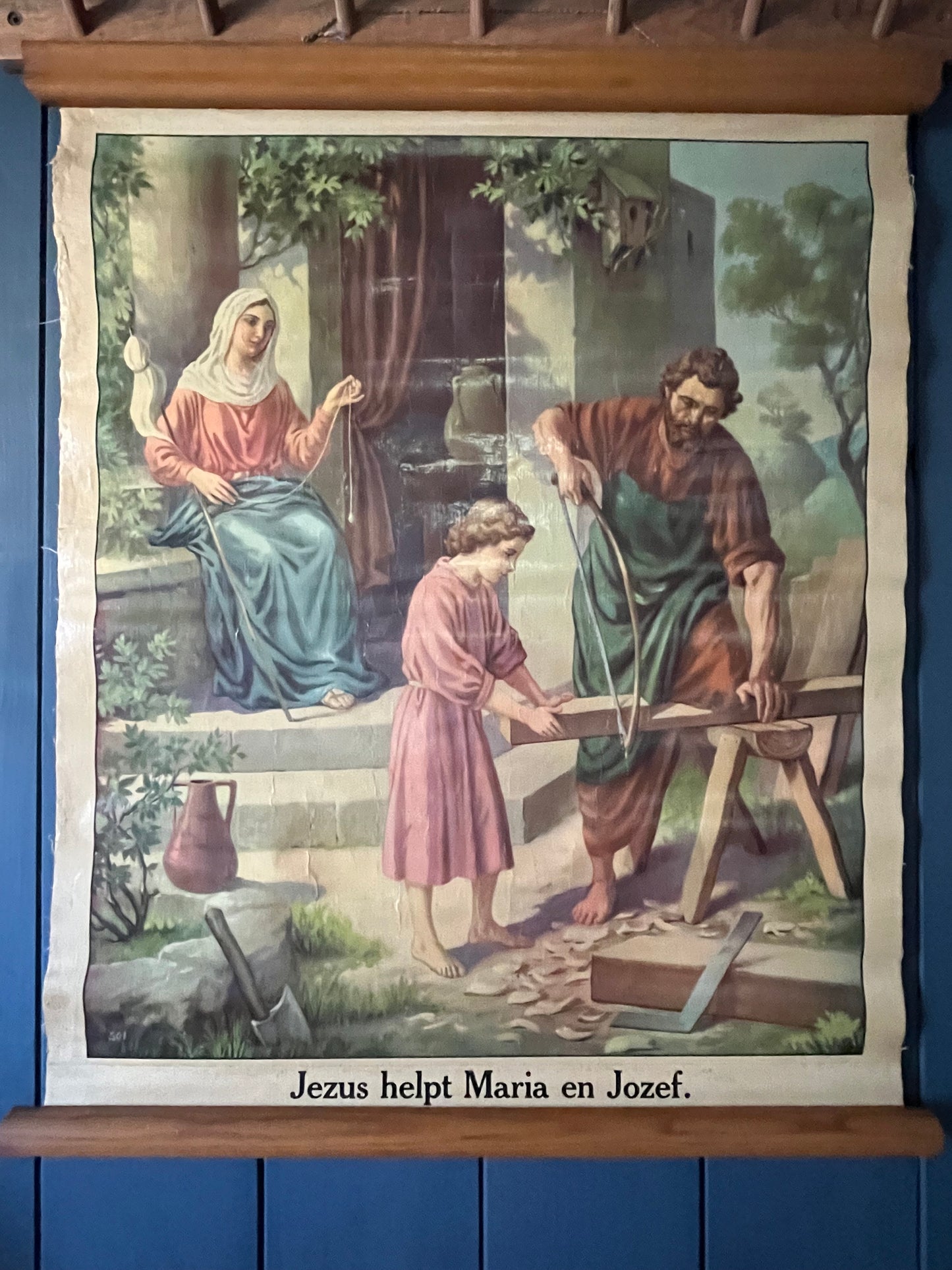 Alte original Schulkarte Lerntafel aus Belgien „Jesus hilft Josef und Maria“ auf Leinwand