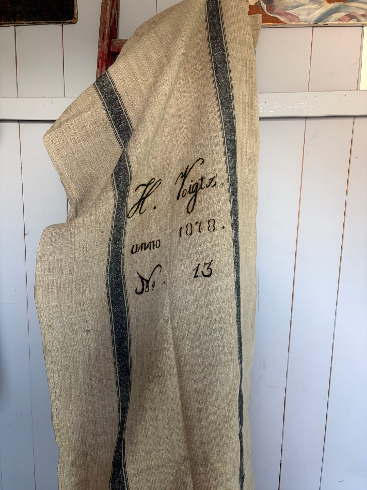 Rarität von 1878: sehr großer Leinensack mit blauen Streifen und original Aufschrift 150 x 65