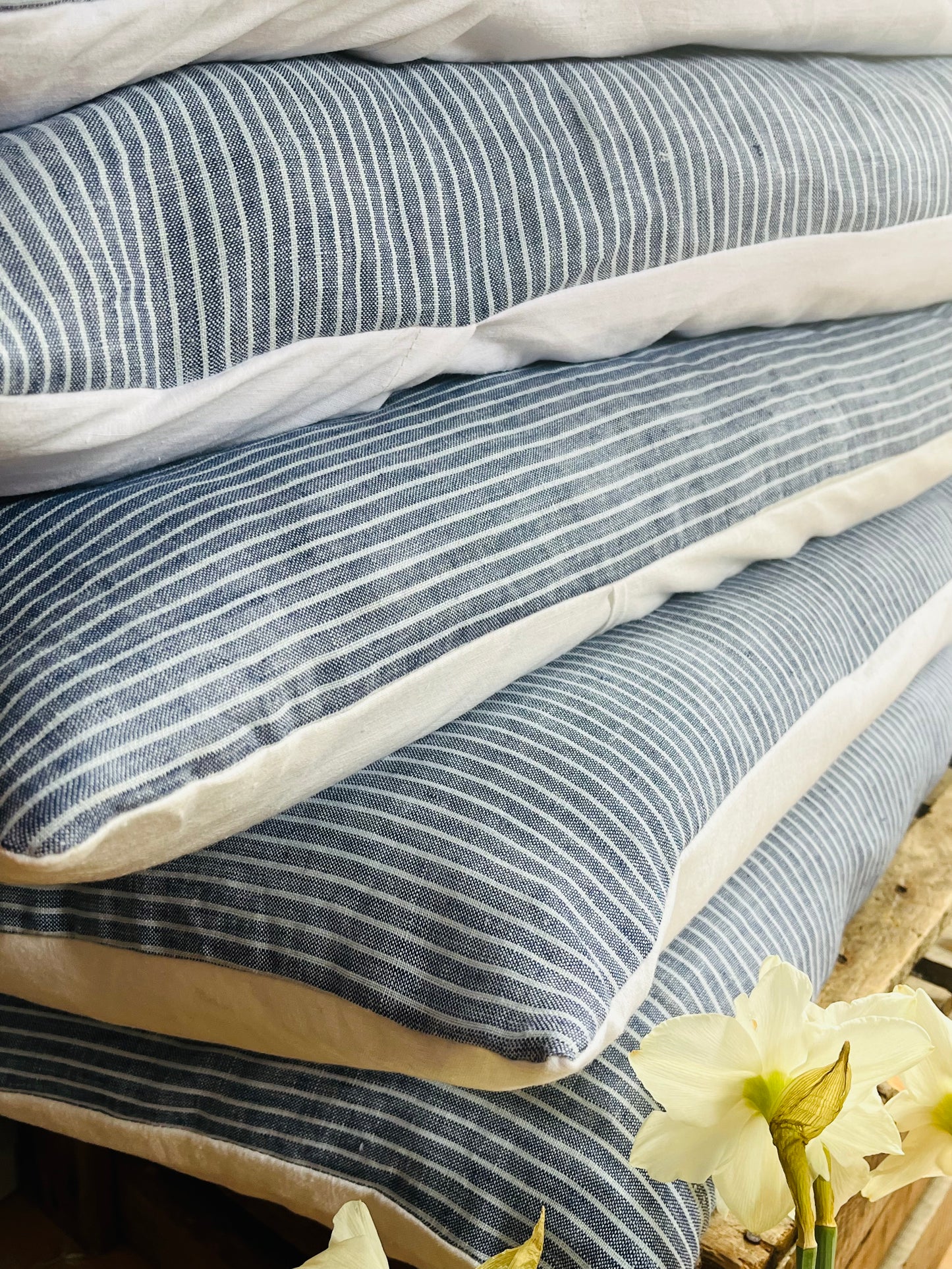 Großer Kissenbezug Leinen mit blau/weißen Streifen 80 x 40