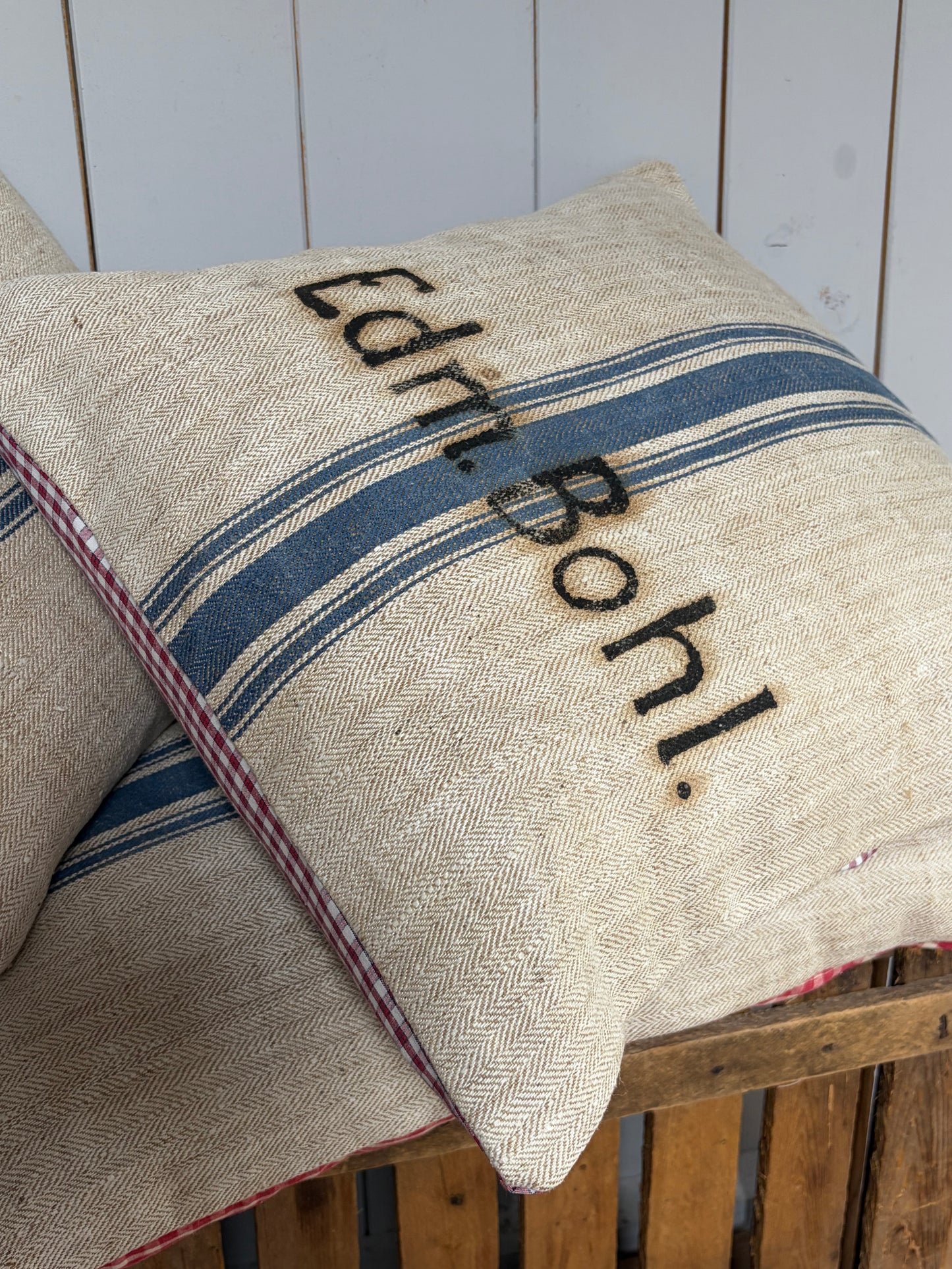 Very Vintage Kissenbezug aus altem Leinensack mit original Aufschrift 50 x 50