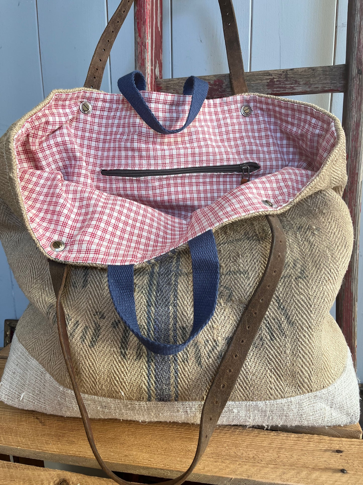 Very Vintage: XL Tasche Shopper mit Streifen und Aufschrift
