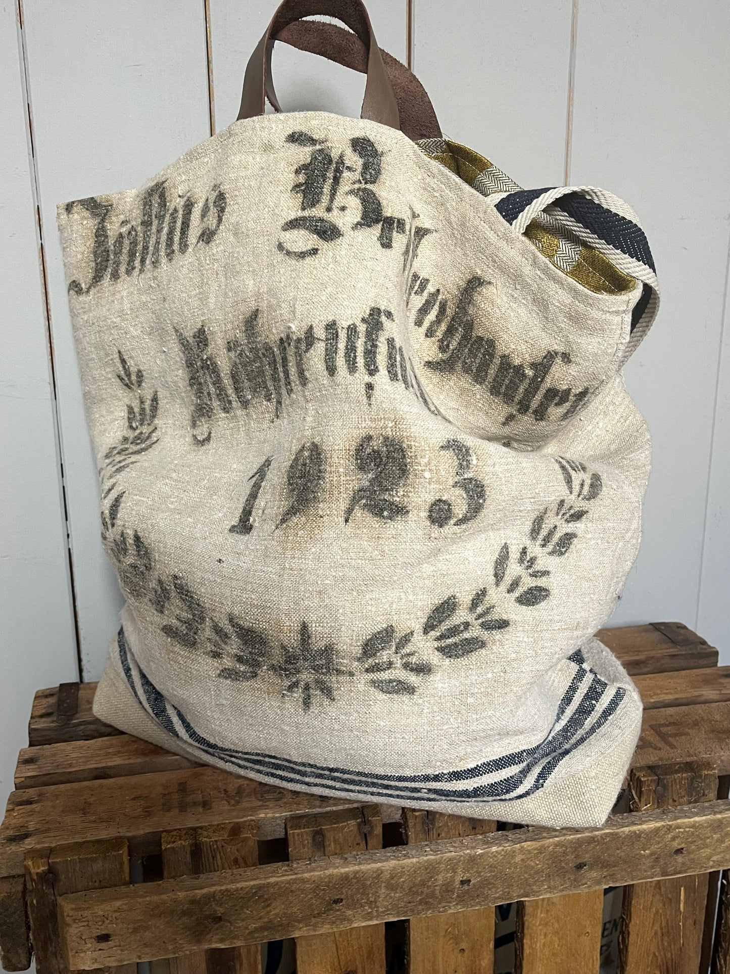 1923: Große Tasche Shopper mit Streifen und beeindruckender original Aufschrift