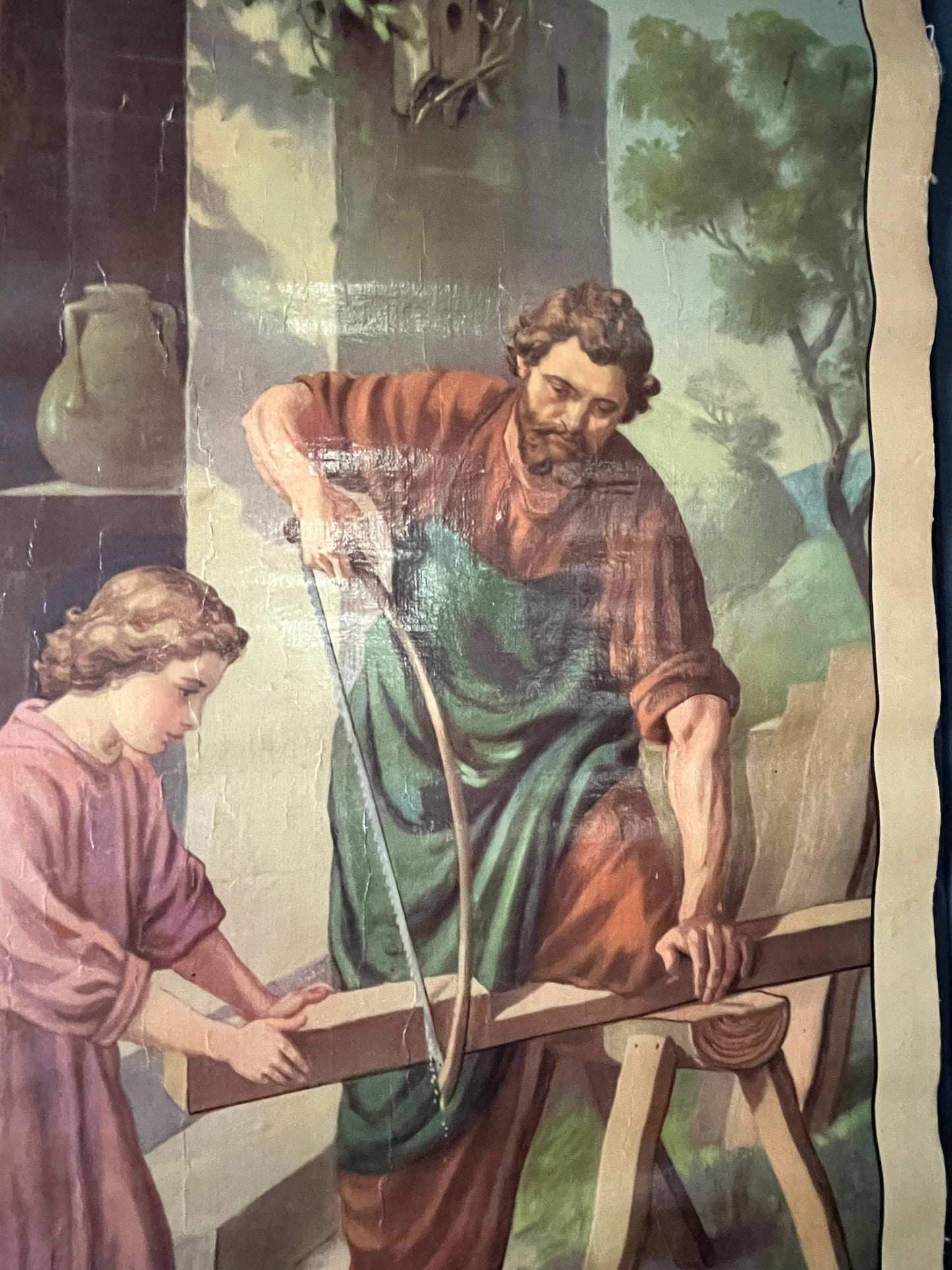 Alte original Schulkarte Lerntafel aus Belgien „Jesus hilft Josef und Maria“ auf Leinwand