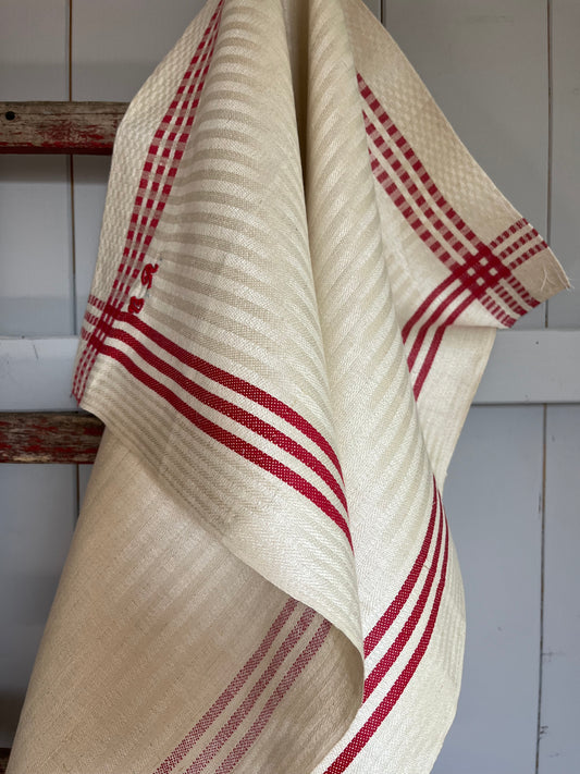 Großes schweres französisches Leinentuch Rot/Weiß mit Monogramm  neu