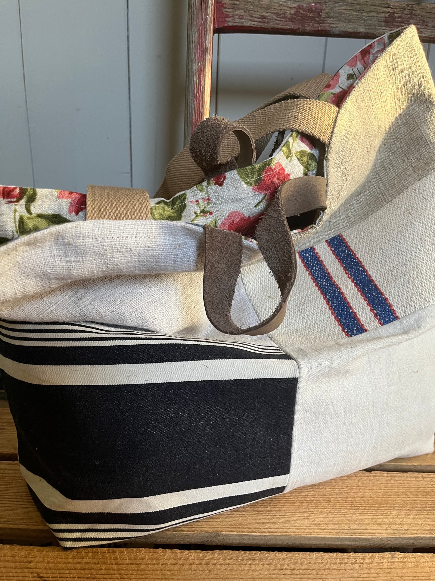 Multi: große Tasche Shopper aus verschiedenen Leinenstoffen