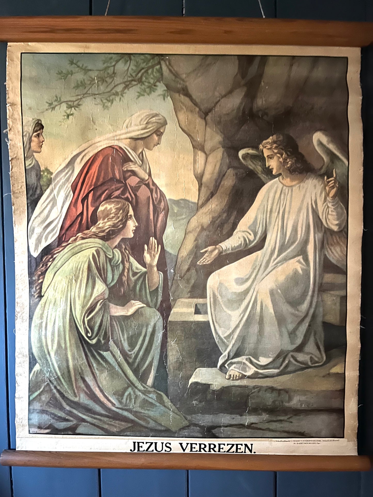 Alte, fantastische original Schulkarte Lerntafel aus Belgien „Jesus ist auferstanden“ auf Leinwand