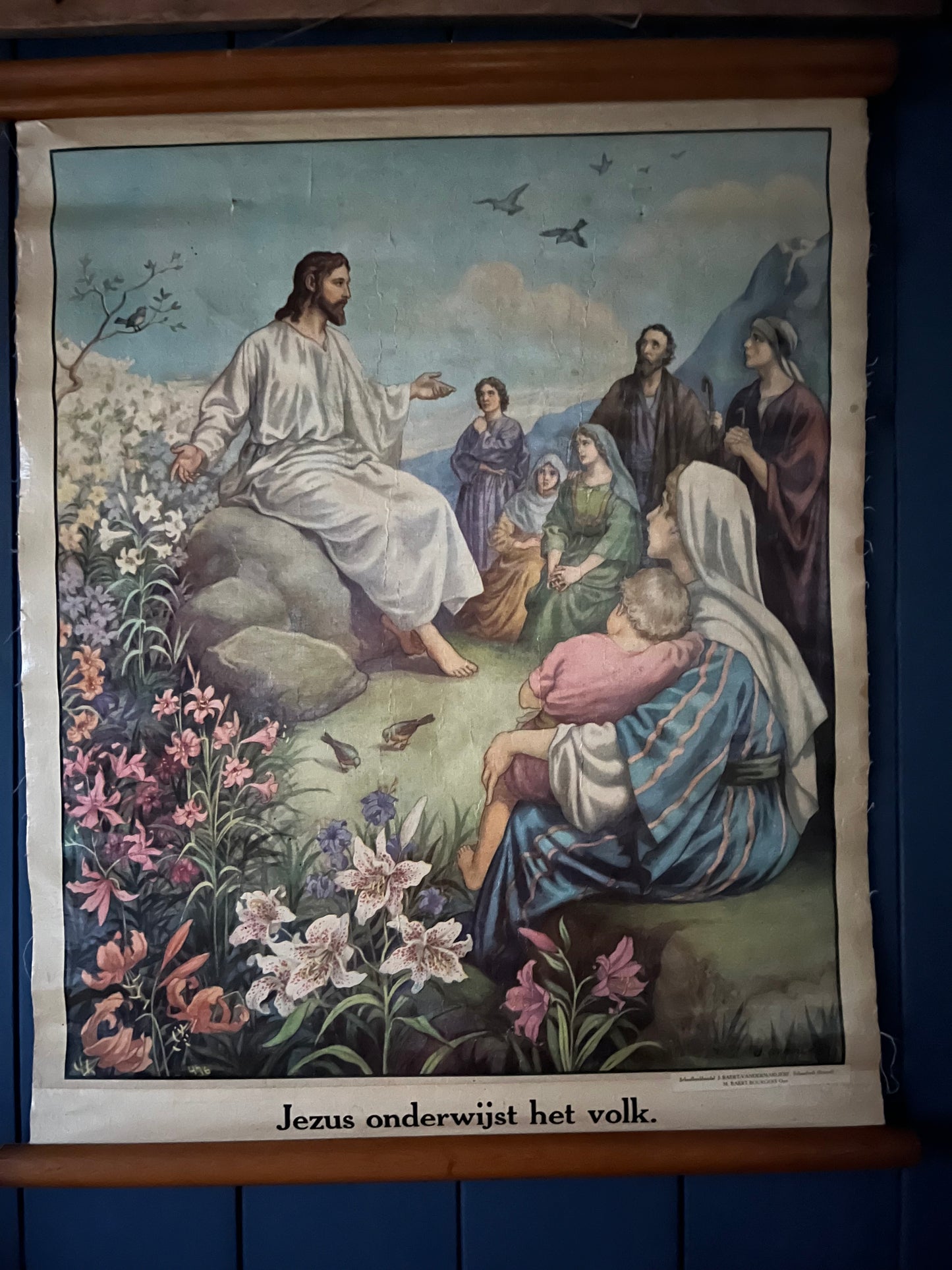 Alte original Schulkarte Lerntafel aus Belgien „Jesus spricht zum Volk“ auf Leinwand