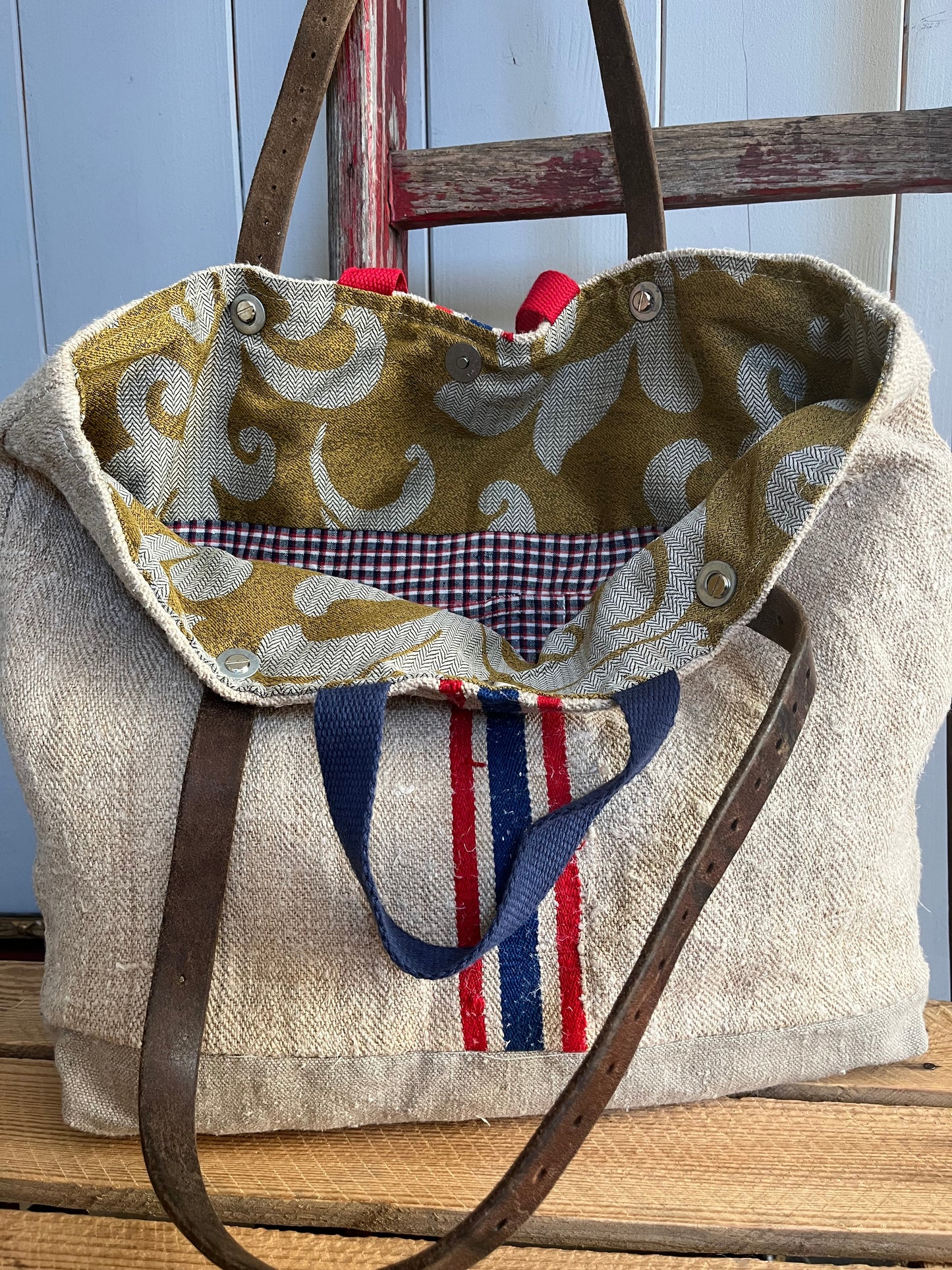 Blau/Rot: große Tasche Shopper aus kräftigem Hanfstoff mit Streifen