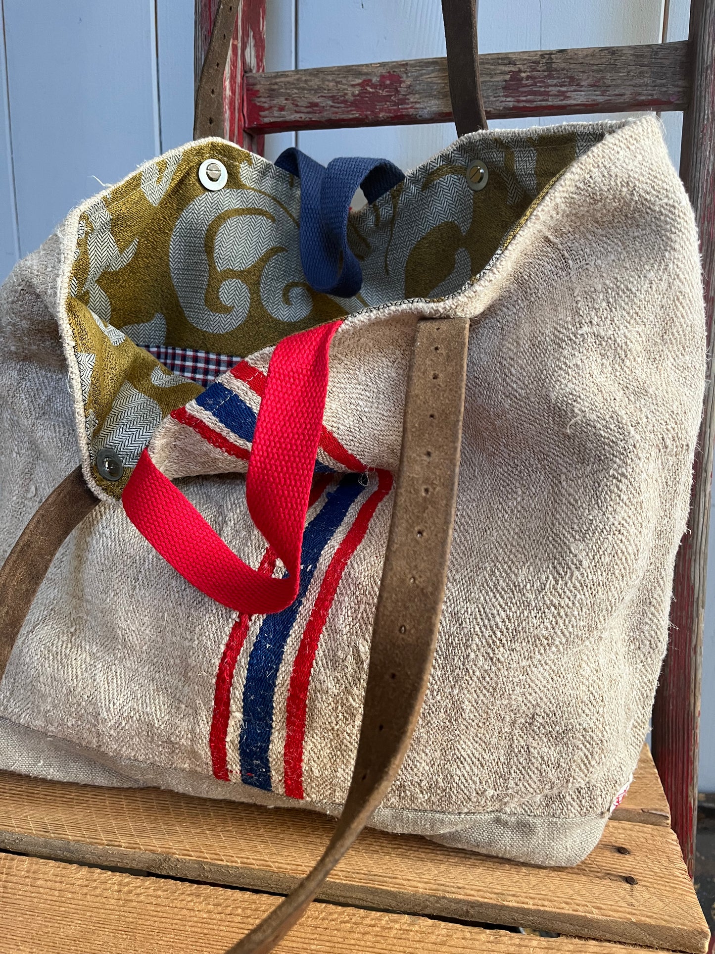 Blau/Rot: große Tasche Shopper aus kräftigem Hanfstoff mit Streifen