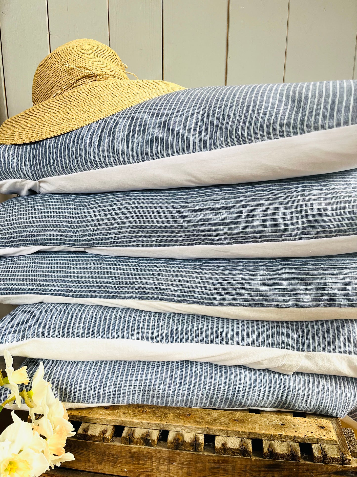 Großer Kissenbezug Leinen mit blau/weißen Streifen 80 x 40
