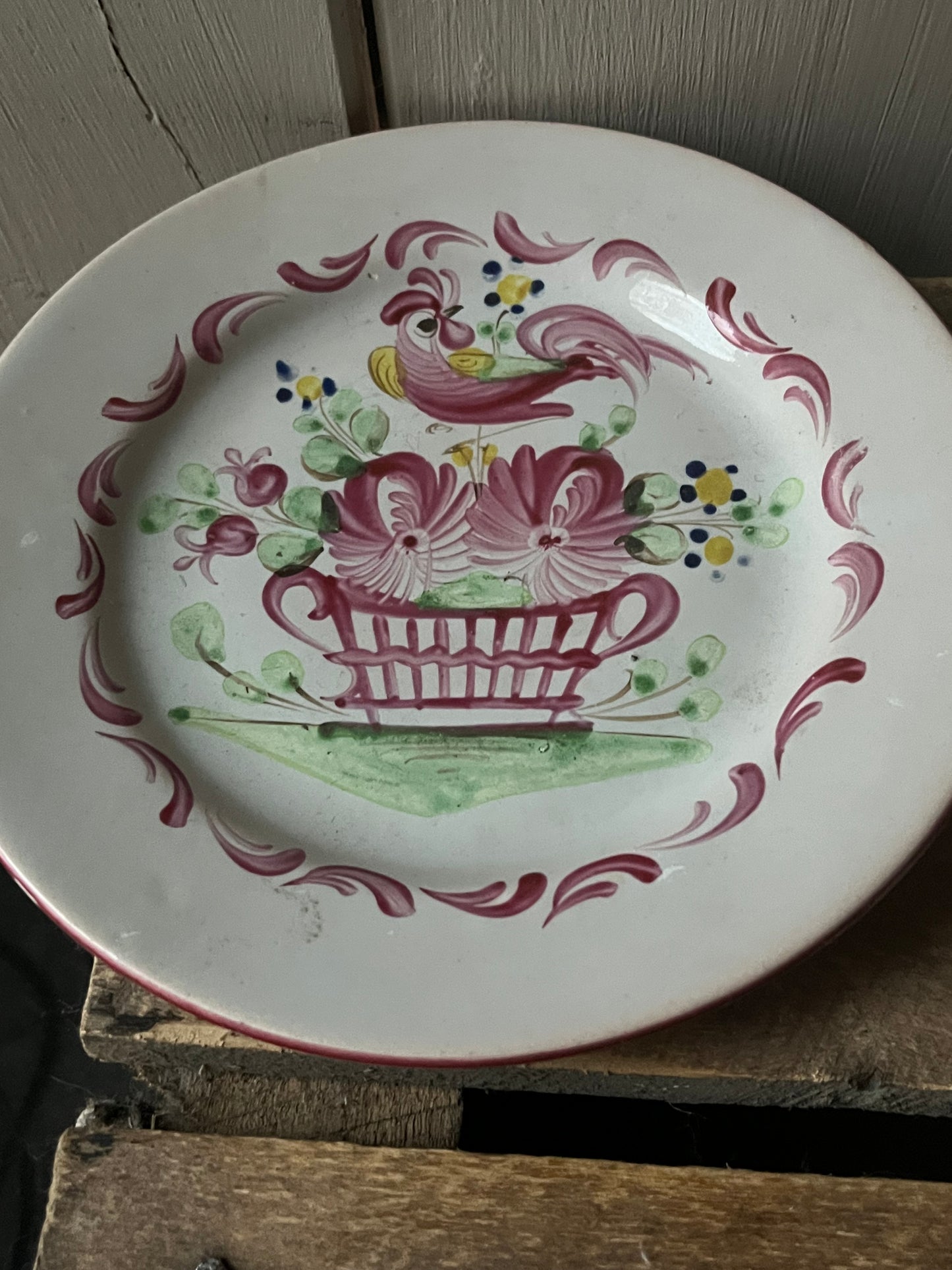 3 antike Fayence Teller Strassbourg mit Hahn und Patina