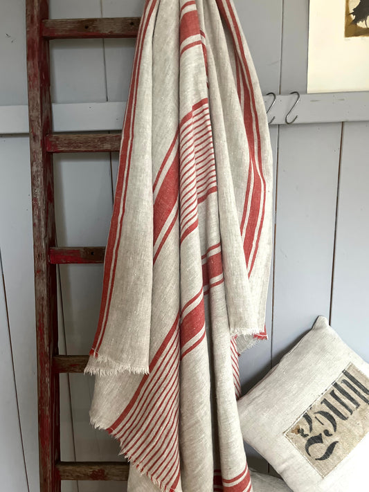 XL Leinen Decke, Überwurf aus schwerem Leinen mit roten Streifen 180 x 155