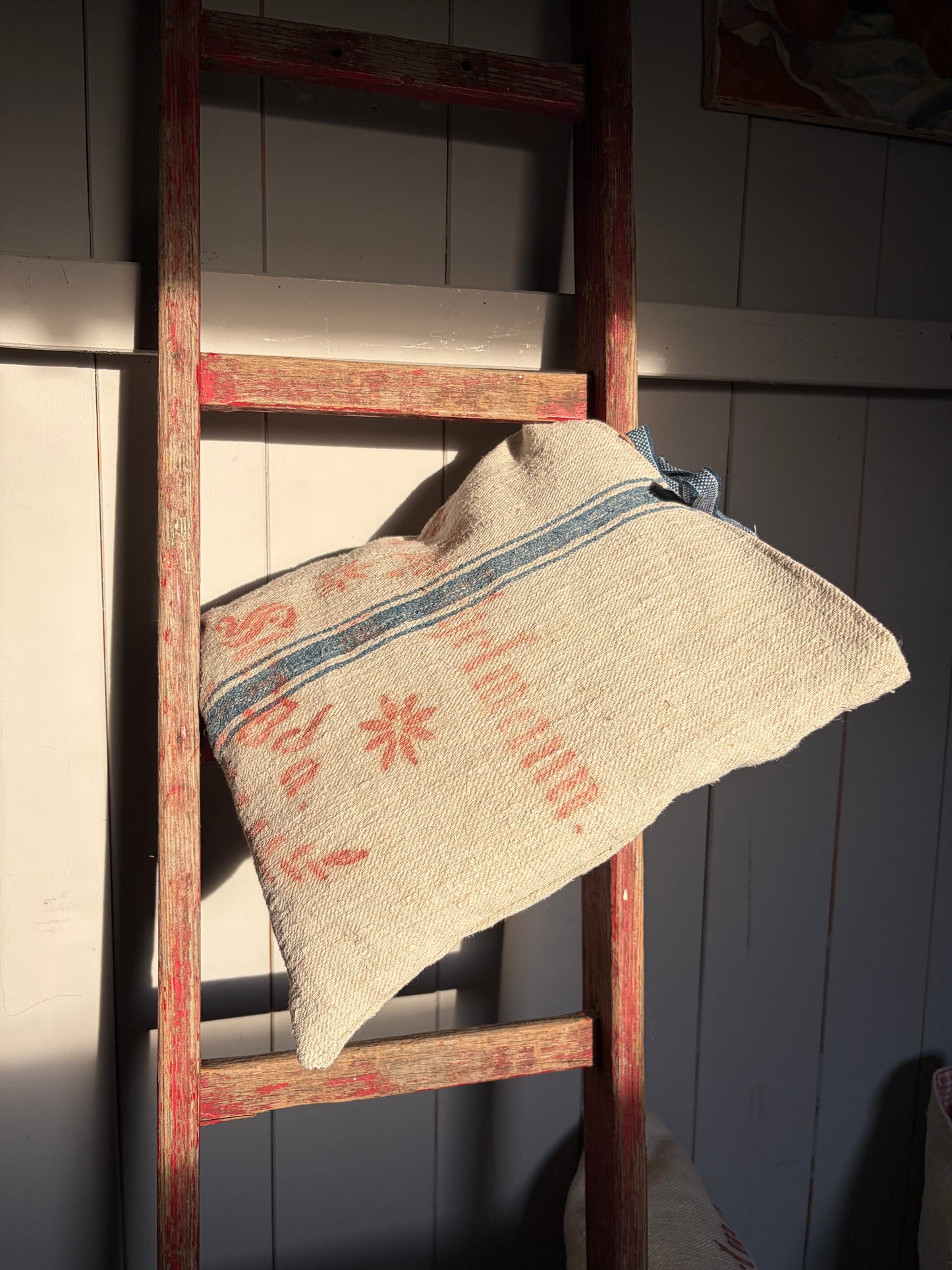 Very Vintage Kissenbezug aus altem Leinensack mit original Aufschrift 40 x 40