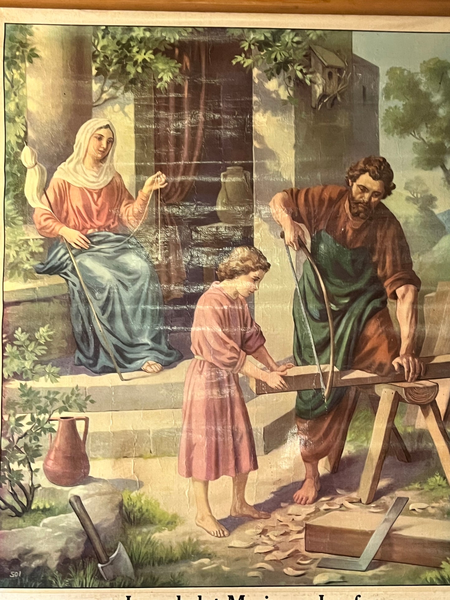 Alte original Schulkarte Lerntafel aus Belgien „Jesus hilft Josef und Maria“ auf Leinwand