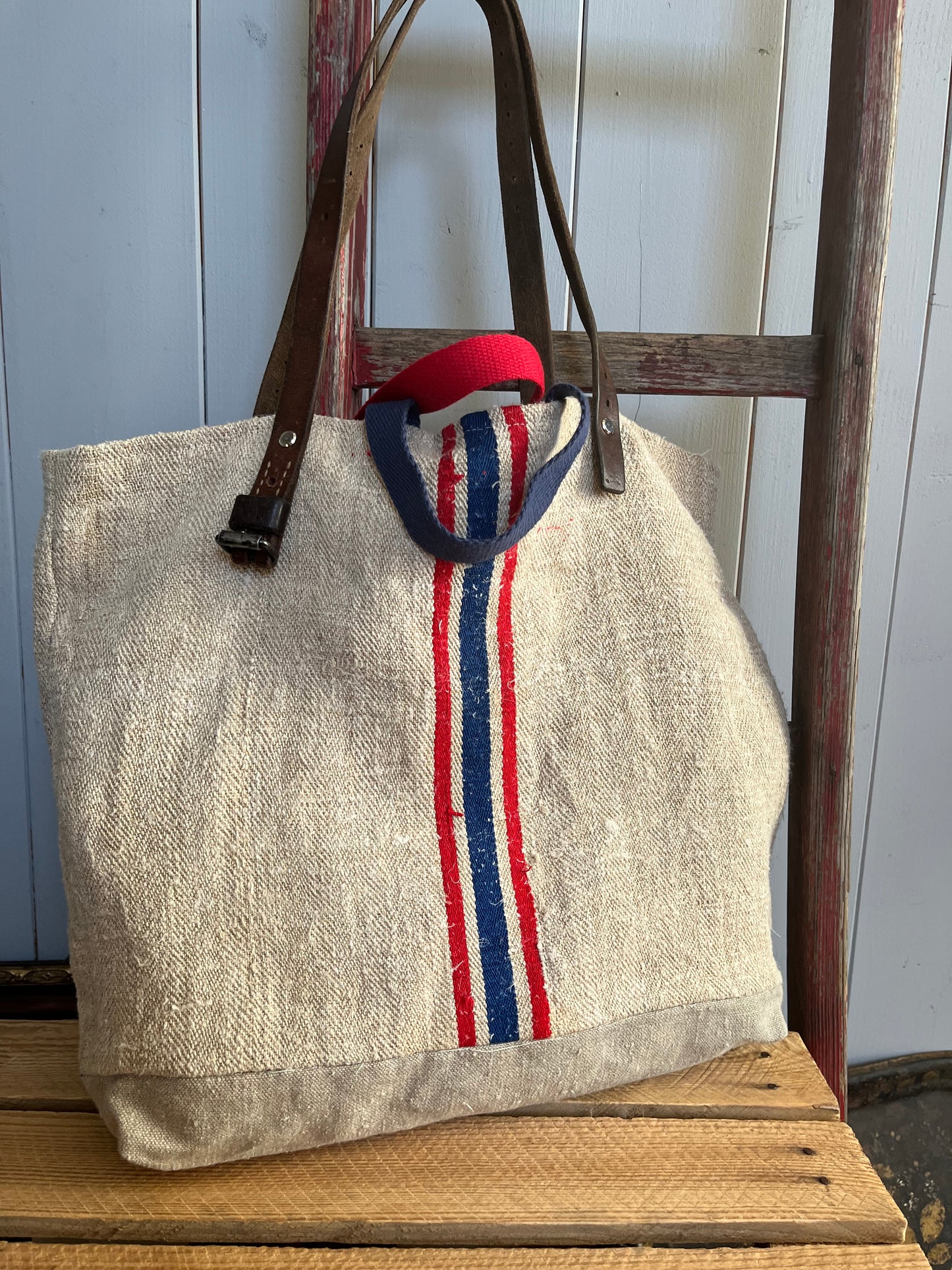 Blau/Rot: große Tasche Shopper aus kräftigem Hanfstoff mit Streifen