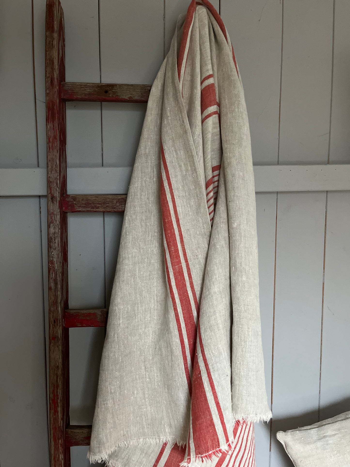 XL Leinen Decke, Überwurf aus schwerem Leinen mit roten Streifen 180 x 155
