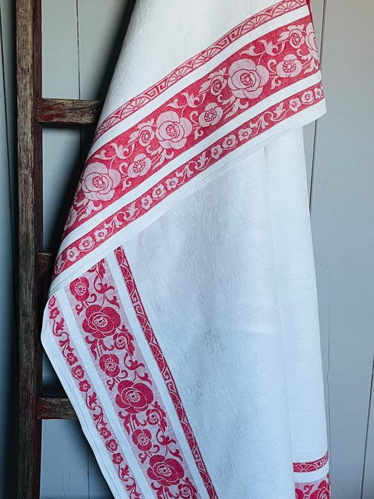 Französische Damastdecke Rot/Weiß 155 x 130