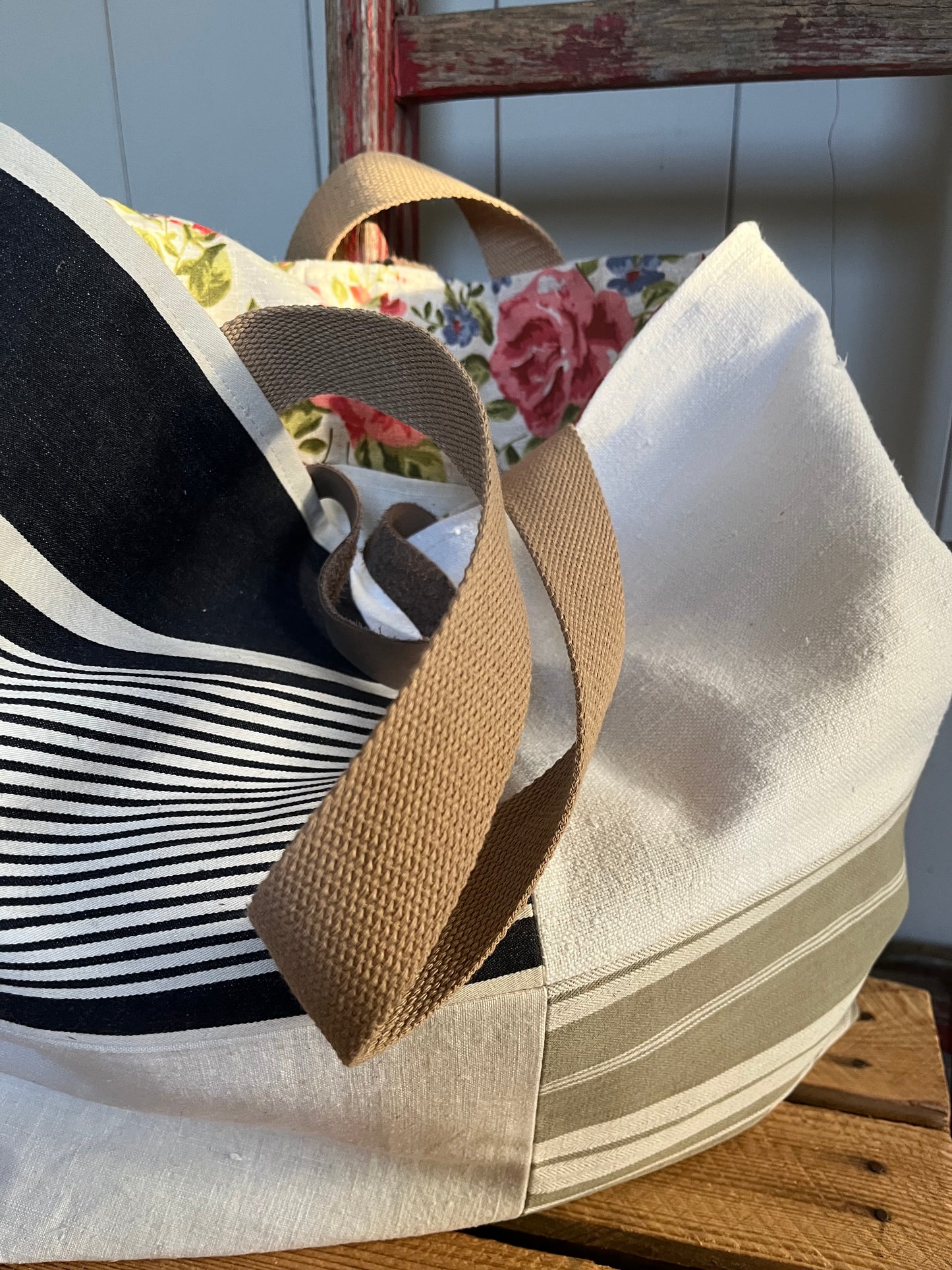 Multi: große Tasche Shopper aus verschiedenen Leinenstoffen