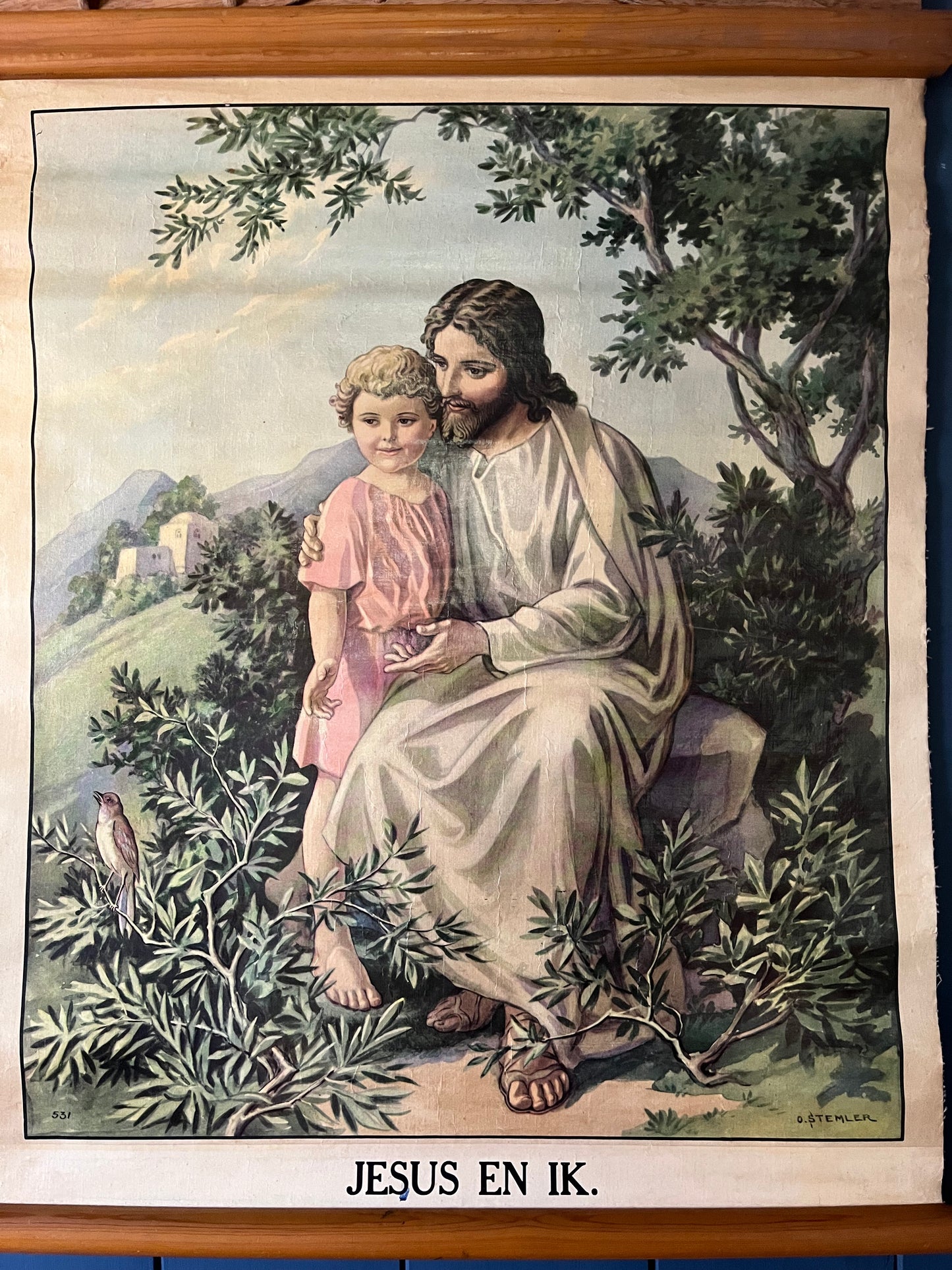 Wunderbar  erhaltene original Schulkarte Lerntafel aus Belgien „Freund Jesus“ auf Leinwand