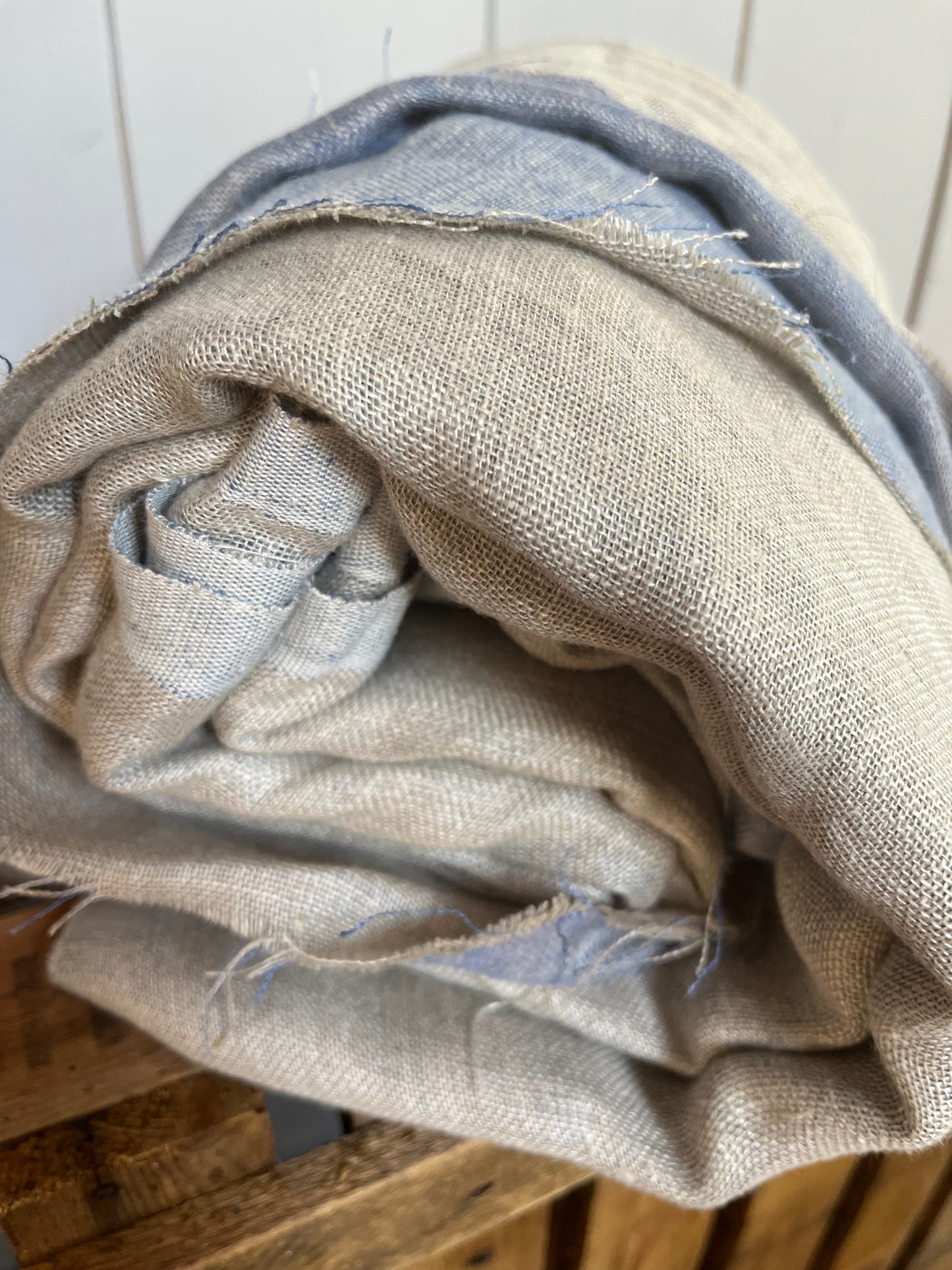 3,6 x 1,5 Meter: Extra breites washed Leinen doppelseitig bleu/Natur