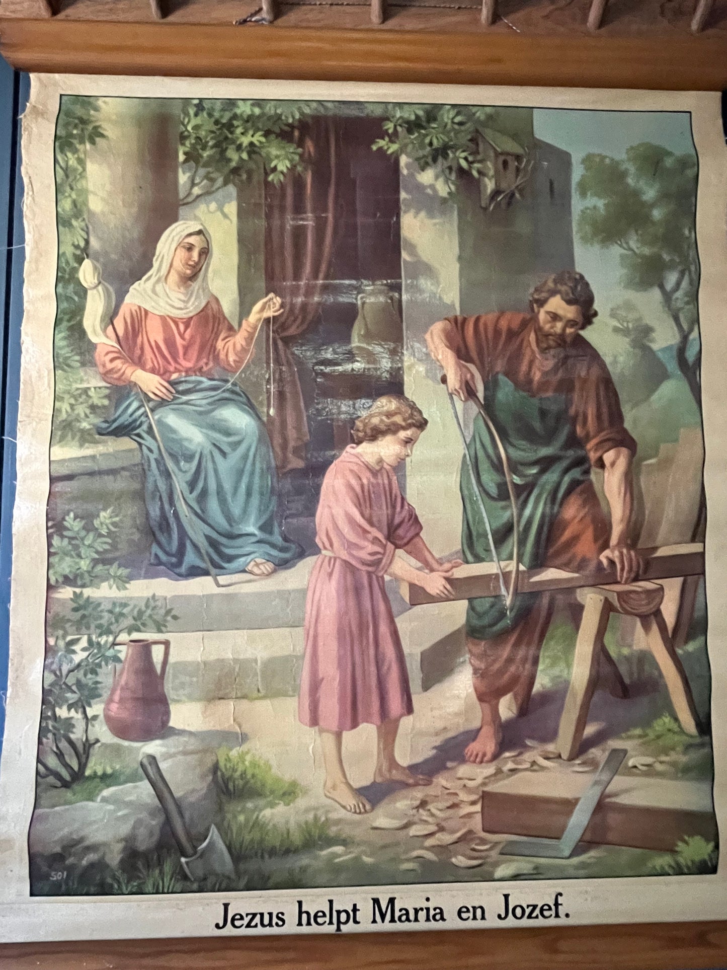 Alte original Schulkarte Lerntafel aus Belgien „Jesus hilft Josef und Maria“ auf Leinwand