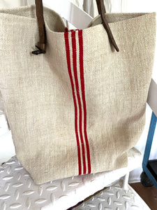 Big Red striped Bag: Shopper aus sehr altem Leinensack mit Streifen